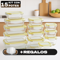 GlassAruba™ – Kit con 15 Potes Herméticos de Vidrio + 10 Vasos de Vidrio Aruba